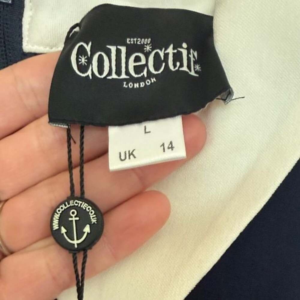 Collectif Winona Swing Dress Navy White Peter Pan Collar NWT Size L UK 14 - Picture 3 of 6